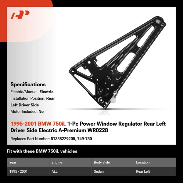 1995-2001 BMW 750iL 1-Pc Power Window Regulator Rear Left Driver Side Electric A-Premium WR0228