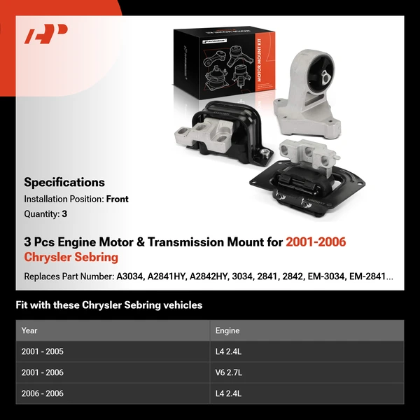 3 Pcs Engine Motor & Transmission Mount for 2001-2006 Chrysler Sebring