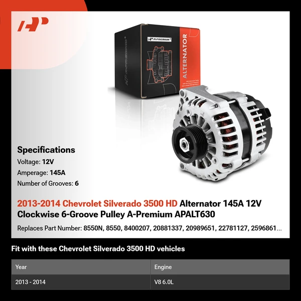 2013-2014 Chevrolet Silverado 3500 HD Alternator 145A 12V Clockwise 6-Groove Pulley A-Premium APALT630