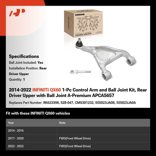 2014-2022 INFINITI QX60 1-Pc Control Arm and Ball Joint Kit, Rear Driver Upper with Ball Joint A-Premium APCA5657