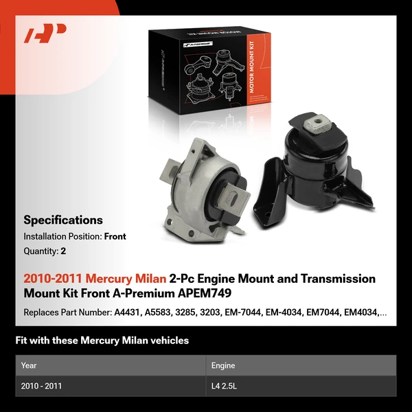 2010-2011 Mercury Milan 2-Pc Engine Mount and Transmission Mount Kit Front A-Premium APEM749