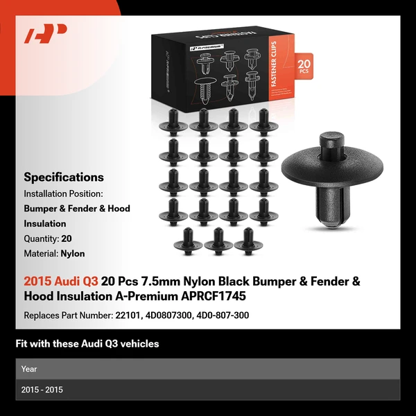 2015 Audi Q3 20 Pcs 7.5mm Nylon Black Bumper & Fender & Hood Insulation A-Premium APRCF1745