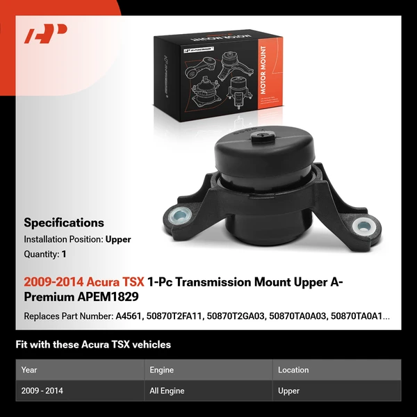 2009-2014 Acura TSX 1-Pc Transmission Mount Upper A-Premium APEM1829