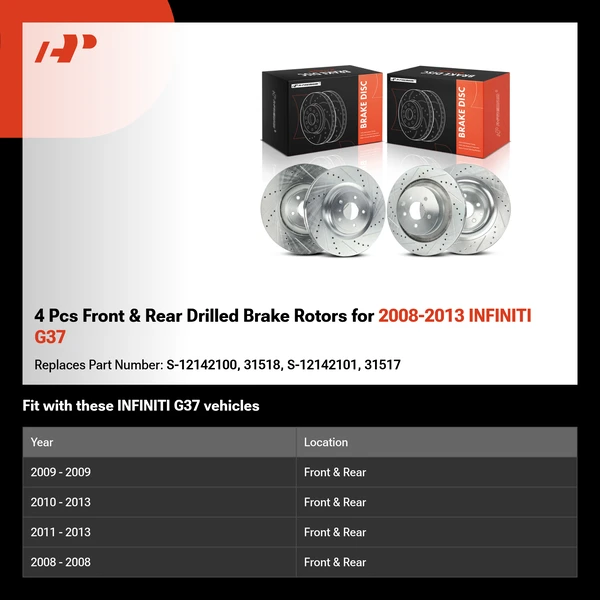 4 Pcs Front & Rear Drilled Brake Rotors for 2008-2013 INFINITI G37