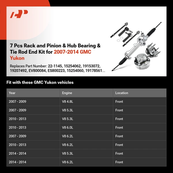 7 Pcs Rack and Pinion & Hub Bearing & Tie Rod End Kit for 2007-2014 GMC Yukon