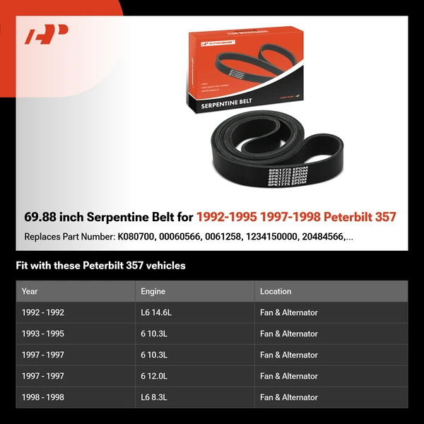 69.88 inch Serpentine Belt for 1992-1995 1997-1998 Peterbilt 357