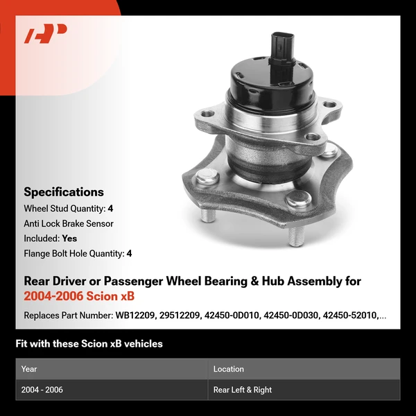 Rear Driver or Passenger Wheel Bearing & Hub Assembly for 2004-2006 Scion xB