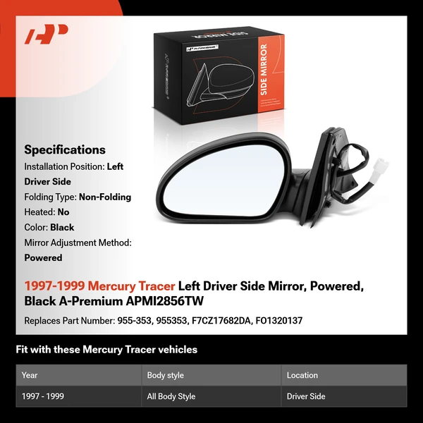 1997-1999 Mercury Tracer Left Driver Side Mirror, Powered, Black A-Premium APMI2856TW