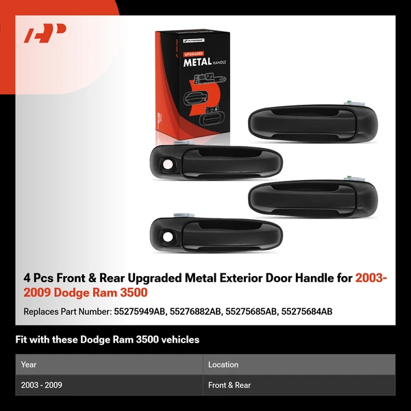 4 Pcs Front & Rear Upgraded Metal Exterior Door Handle for 2003-2009 Dodge Ram 3500