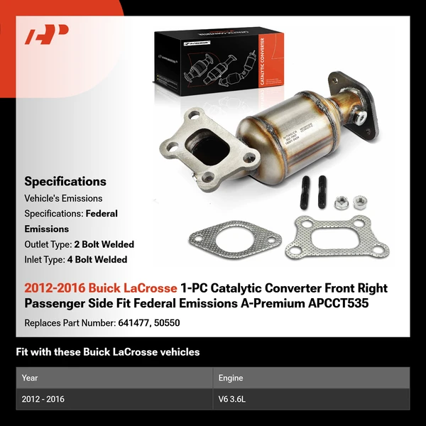 2012-2016 Buick LaCrosse 1-PC Catalytic Converter Front Right Passenger Side Fit Federal Emissions A-Premium APCCT535
