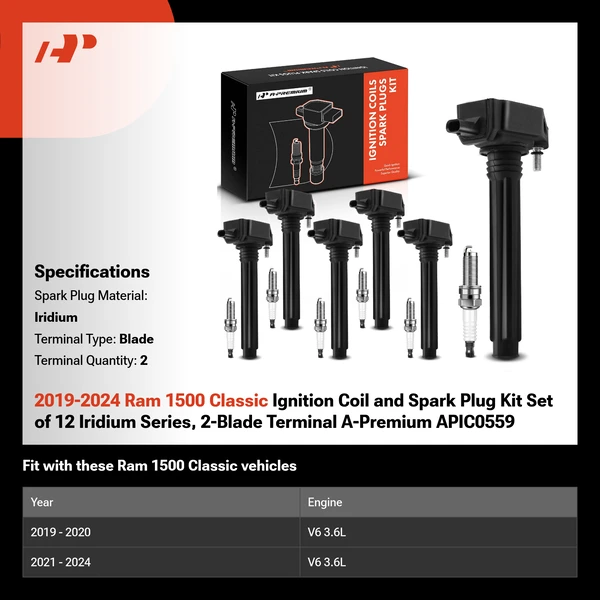 2019-2024 Ram 1500 Classic Ignition Coil and Spark Plug Kit Set of 12 Iridium Series, 2-Blade Terminal A-Premium APIC0559