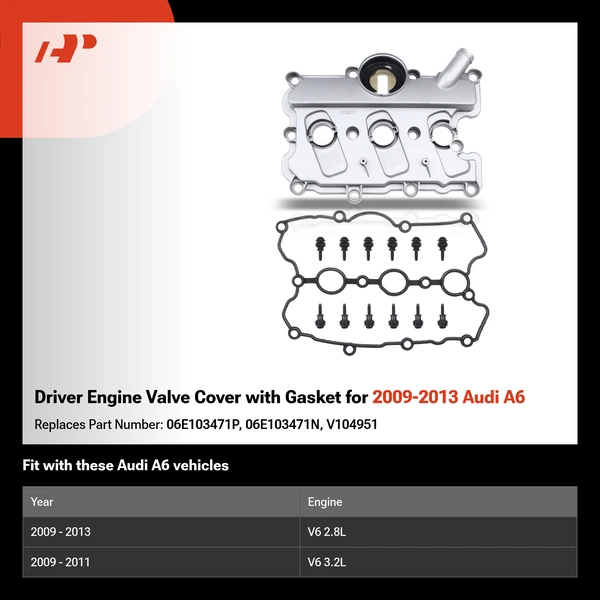 Driver Engine Valve Cover with Gasket for 2009-2013 Audi A6