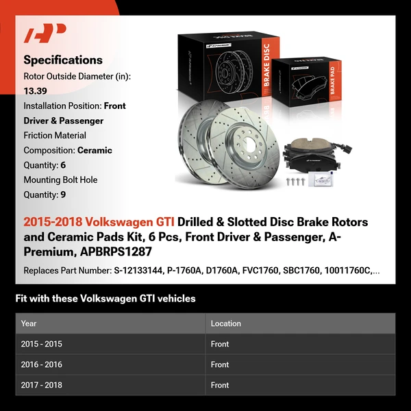 2015-2018 Volkswagen GTI Drilled & Slotted Disc Brake Rotors and Ceramic Pads Kit, 6 Pcs, Front Driver & Passenger, A-Premium, APBRPS1287