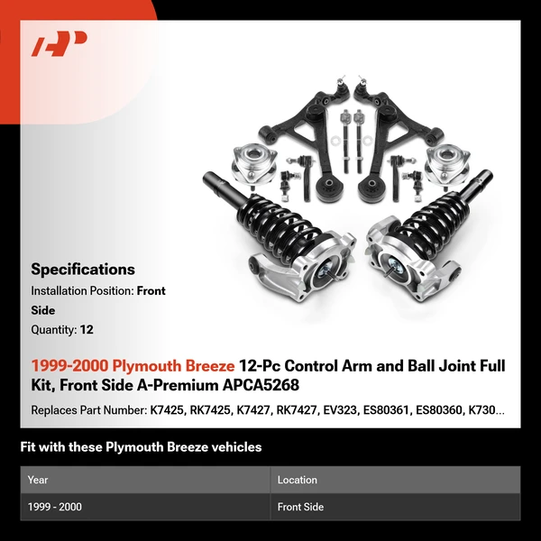 1999-2000 Plymouth Breeze 12-Pc Control Arm and Ball Joint Full Kit, Front Side A-Premium APCA5268