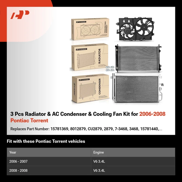 3 Pcs Radiator & AC Condenser & Cooling Fan Kit for 2006-2008 Pontiac Torrent