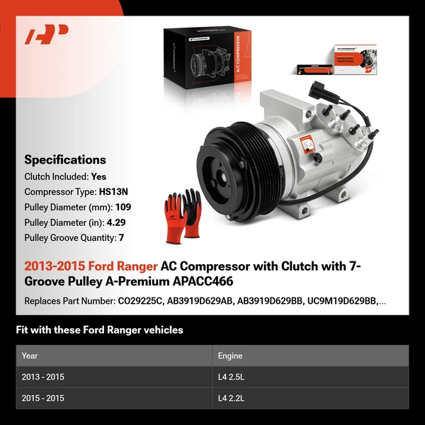 2013-2015 Ford Ranger AC Compressor with Clutch with 7-Groove Pulley A-Premium APACC466