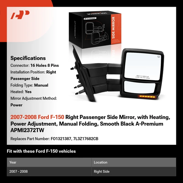 2007-2008 Ford F-150 Right Passenger Side Mirror, with Heating, Power Adjustment, Manual Folding, Smooth Black A-Premium APMI2372TW