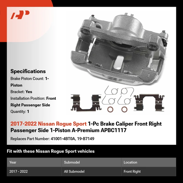 2017-2022 Nissan Rogue Sport 1-Pc Brake Caliper Front Right Passenger Side 1-Piston A-Premium APBC1117