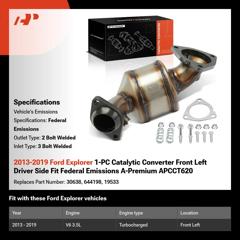 2013-2019 Ford Explorer 1-PC Catalytic Converter Front Left Driver Side Fit Federal Emissions A-Premium APCCT620