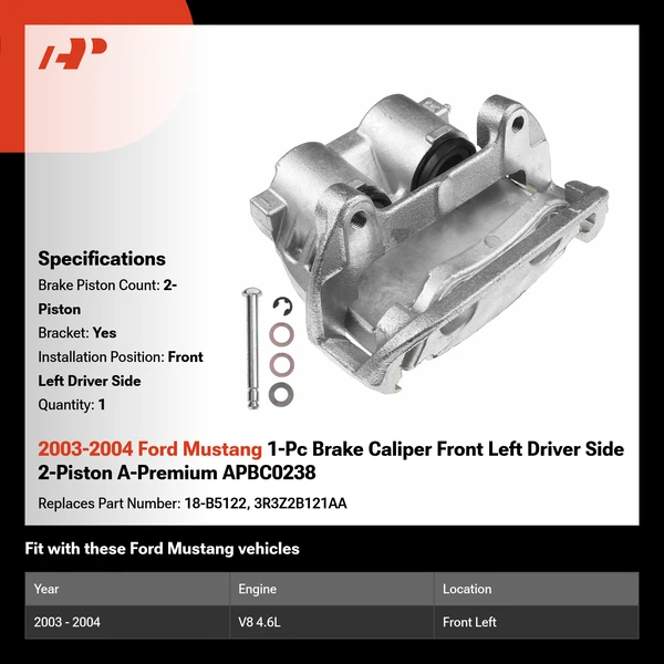 2003-2004 Ford Mustang 1-Pc Brake Caliper Front Left Driver Side 2-Piston A-Premium APBC0238