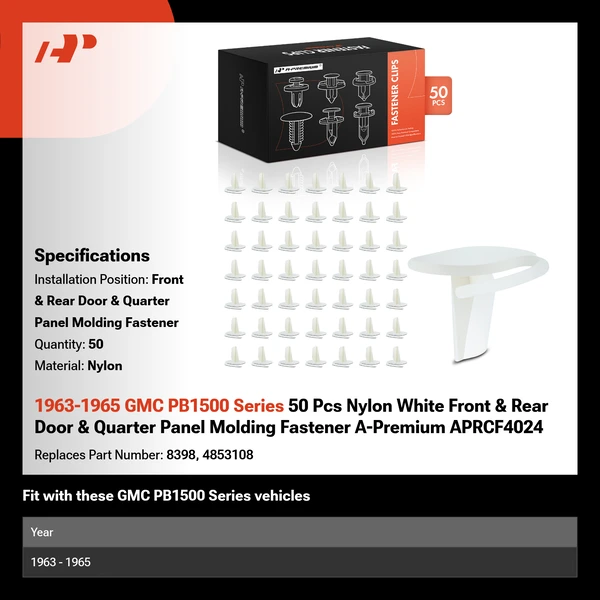 1963-1965 GMC PB1500 Series 50 Pcs Nylon White Front & Rear Door & Quarter Panel Molding Fastener A-Premium APRCF4024