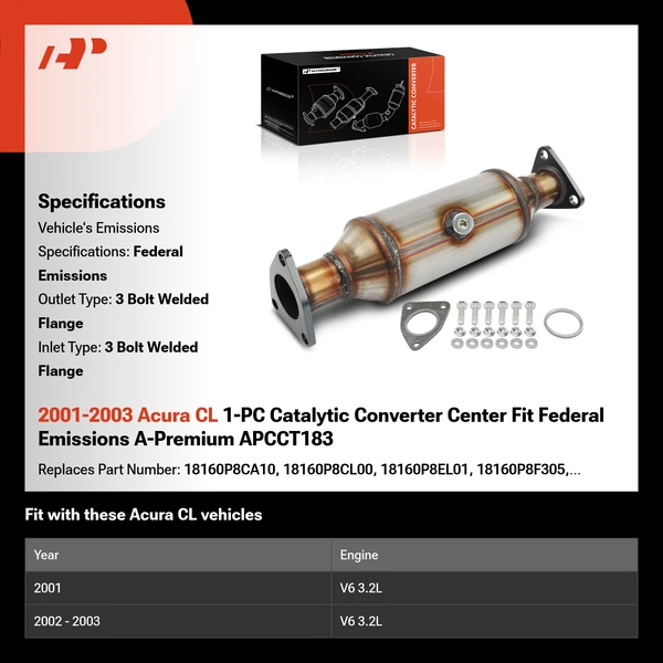 2001-2003 Acura CL 1-PC Catalytic Converter Center Fit Federal Emissions A-Premium APCCT183