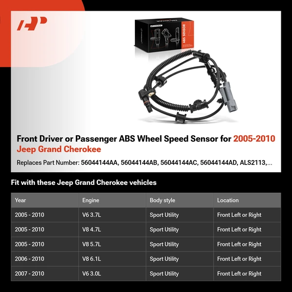 Front Driver or Passenger ABS Wheel Speed Sensor for 2005-2010 Jeep Grand Cherokee