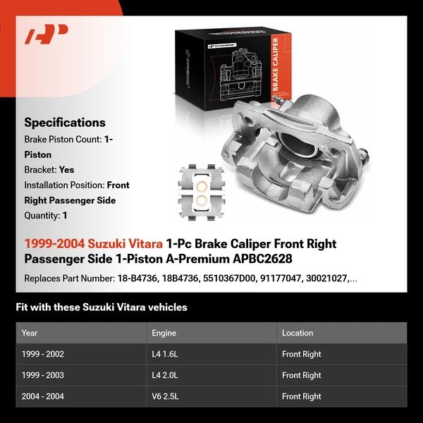 1999-2004 Suzuki Vitara 1-Pc Brake Caliper Front Right Passenger Side 1-Piston A-Premium APBC2628