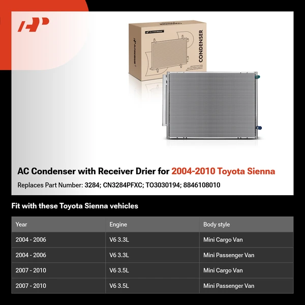 AC Condenser with Receiver Drier for 2004-2010 Toyota Sienna