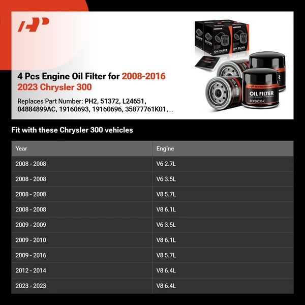 4 Pcs Engine Oil Filter for 2008-2016 2023 Chrysler 300