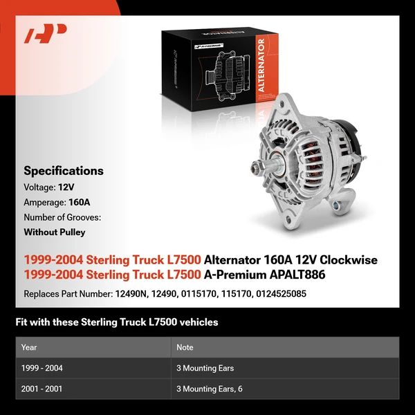 1999-2004 Sterling Truck L7500 Alternator 160A 12V Clockwise 1999-2004 Sterling Truck L7500 A-Premium APALT886