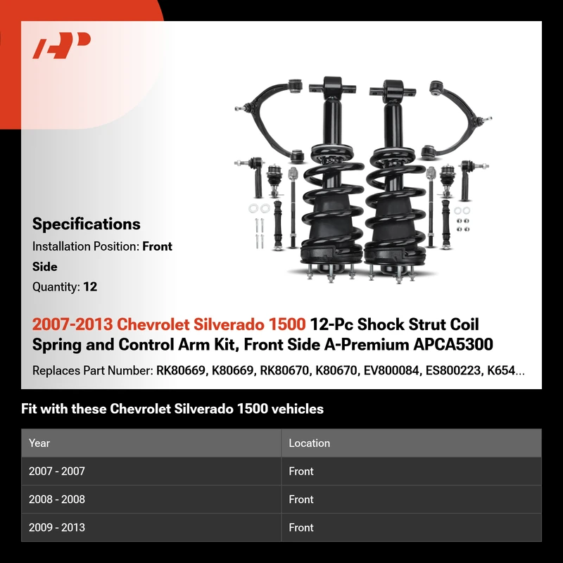 2007-2013 Chevrolet Silverado 1500 12-Pc Shock Strut Coil Spring and Control Arm Kit, Front Side A-Premium APCA5300