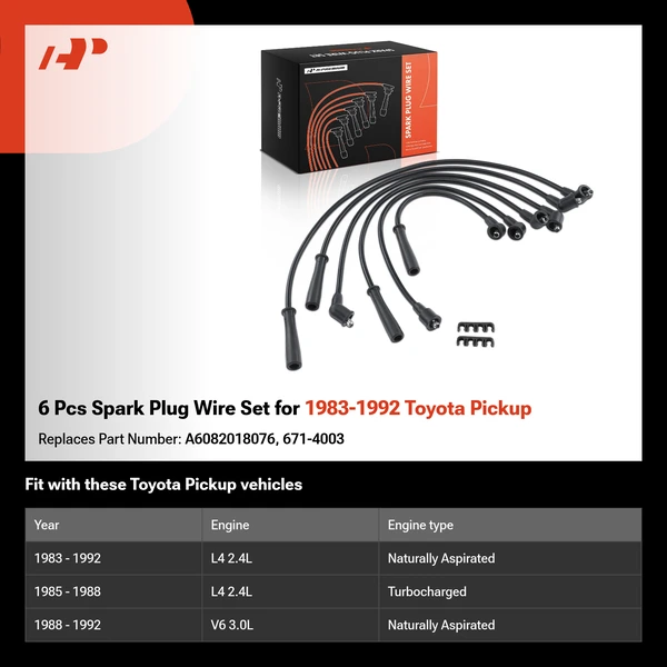 6 Pcs Spark Plug Wire Set for 1983-1992 Toyota Pickup