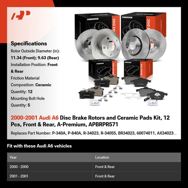 2000-2001 Audi A6 Disc Brake Rotors and Ceramic Pads Kit, 12 Pcs, Front & Rear, A-Premium, APBRPR571