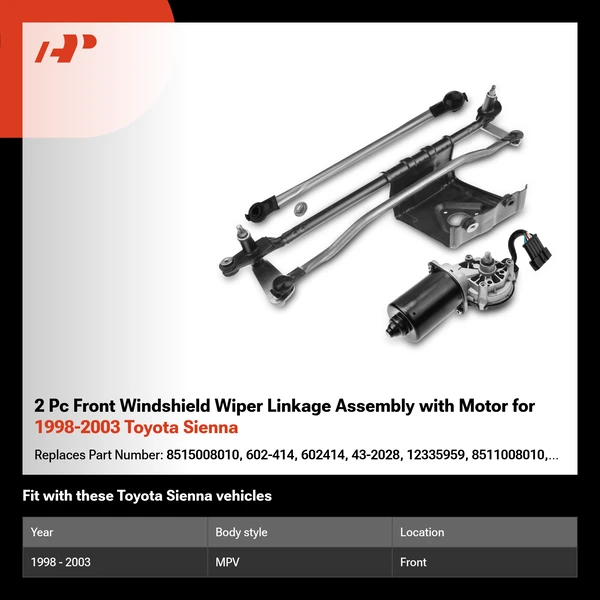 2 Pc Front Windshield Wiper Linkage Assembly with Motor for 1998-2003 Toyota Sienna