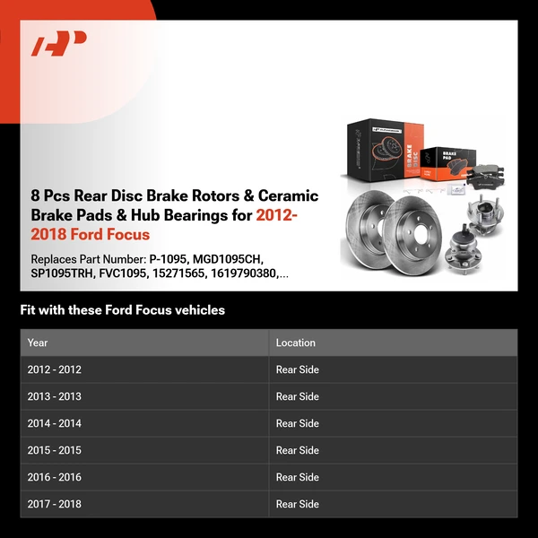 8 Pcs Rear Disc Brake Rotors & Ceramic Brake Pads & Hub Bearings for 2012-2018 Ford Focus