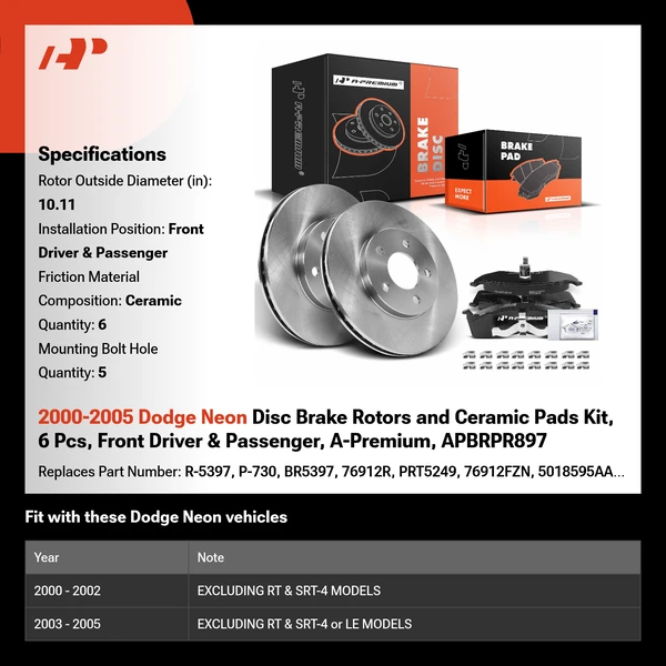 2000-2005 Dodge Neon Disc Brake Rotors and Ceramic Pads Kit, 6 Pcs, Front Driver & Passenger, A-Premium, APBRPR897
