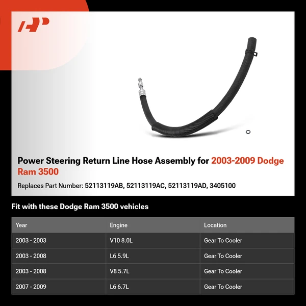 Power Steering Return Line Hose Assembly for 2003-2009 Dodge Ram 3500