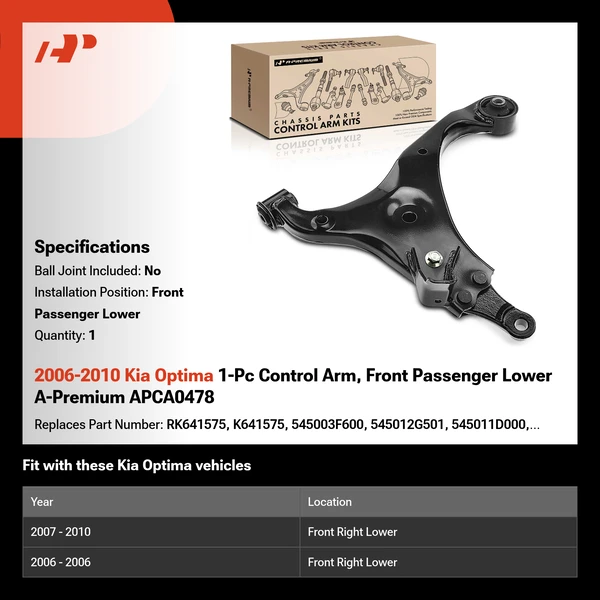 2006-2010 Kia Optima 1-Pc Control Arm, Front Passenger Lower A-Premium APCA0478