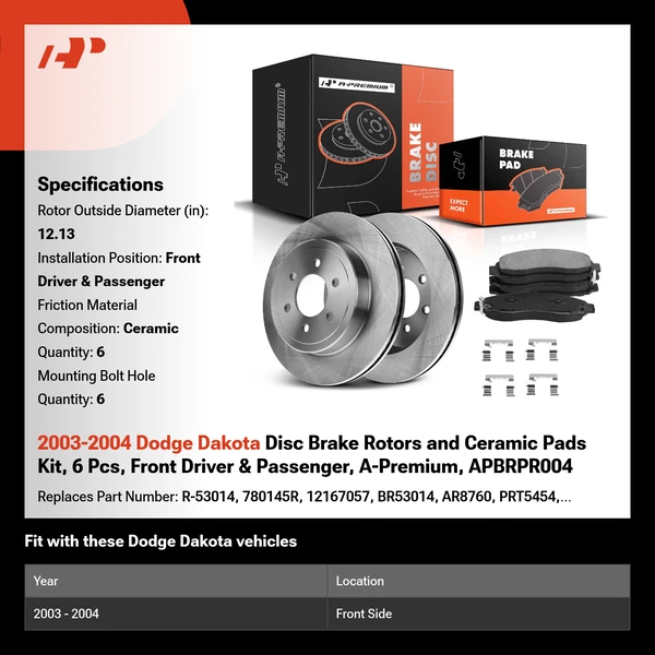 2003-2004 Dodge Dakota Disc Brake Rotors and Ceramic Pads Kit, 6 Pcs, Front Driver & Passenger, A-Premium, APBRPR004