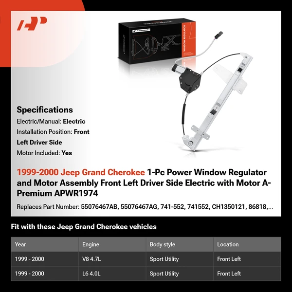 1999-2000 Jeep Grand Cherokee 1-Pc Power Window Regulator and Motor Assembly Front Left Driver Side Electric with Motor A-Premium APWR1974