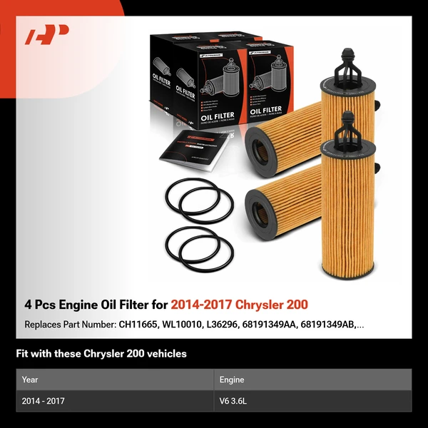 4 Pcs Engine Oil Filter for 2014-2017 Chrysler 200