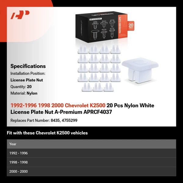 1992-1996 1998 2000 Chevrolet K2500 20 Pcs Nylon White License Plate Nut A-Premium APRCF4037