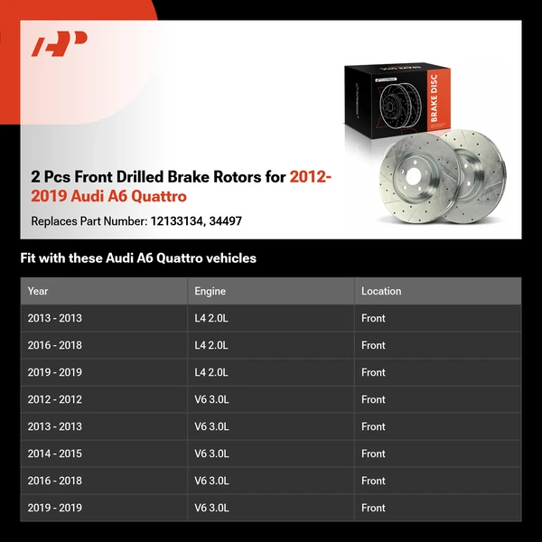 2 Pcs Front Drilled Brake Rotors for 2012-2019 Audi A6 Quattro
