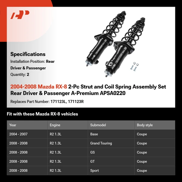 2004-2008 Mazda RX-8 2-Pc Strut and Coil Spring Assembly Set Rear Driver & Passenger A-Premium APSA0220