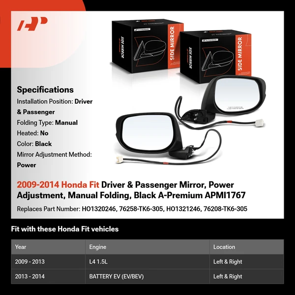2009-2014 Honda Fit Driver & Passenger Mirror, Power Adjustment, Manual Folding, Black A-Premium APMI1767