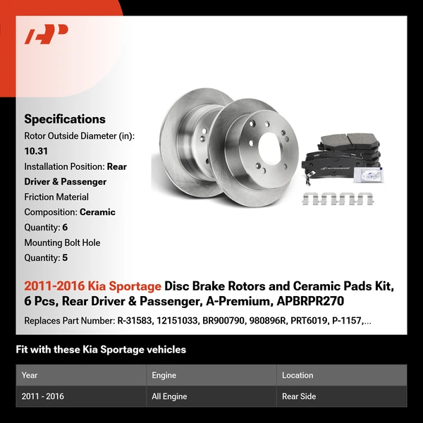 2011-2016 Kia Sportage Disc Brake Rotors and Ceramic Pads Kit, 6 Pcs, Rear Driver & Passenger, A-Premium, APBRPR270