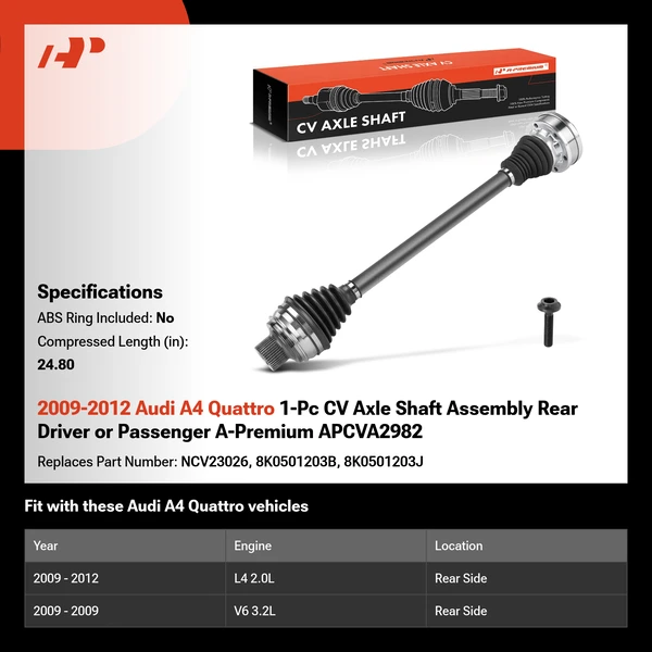 2009-2012 Audi A4 Quattro 1-Pc CV Axle Shaft Assembly Rear Driver or Passenger A-Premium APCVA2982