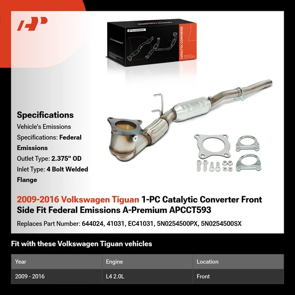 2009-2016 Volkswagen Tiguan 1-PC Catalytic Converter Front Side Fit Federal Emissions A-Premium APCCT593