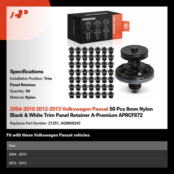 2004-2010 2012-2013 Volkswagen Passat 50 Pcs 8mm Nylon Black & White Trim Panel Retainer A-Premium APRCF872